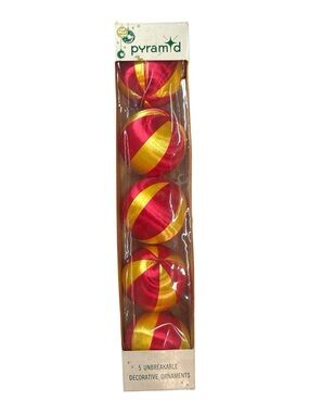 5 Vtg Pyramid Red Yellow Stripe Satin Sheen Unbreakable Christmas Ball Ornaments